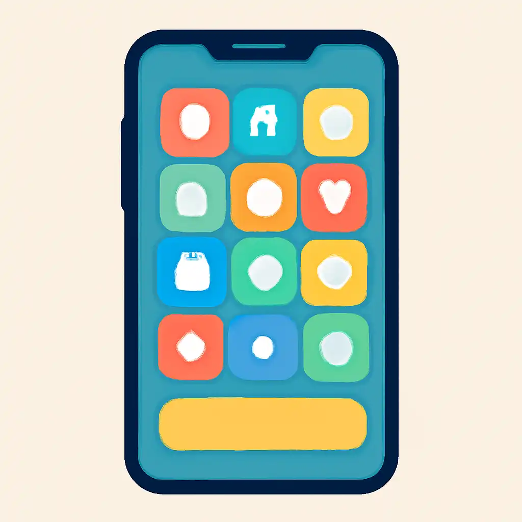 Smartphone shown from the front displaying a colourful flat layout of abstract game icons and rounded tiles, Andar Bahar