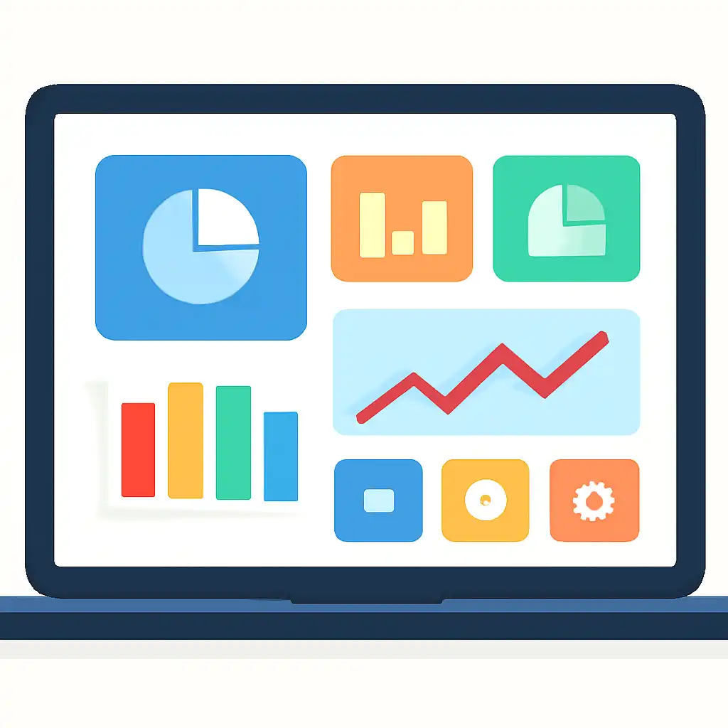 Laptop shown from the front displaying a colourful flat dashboard of abstract charts, bars and icon tiles, Andar Bahar