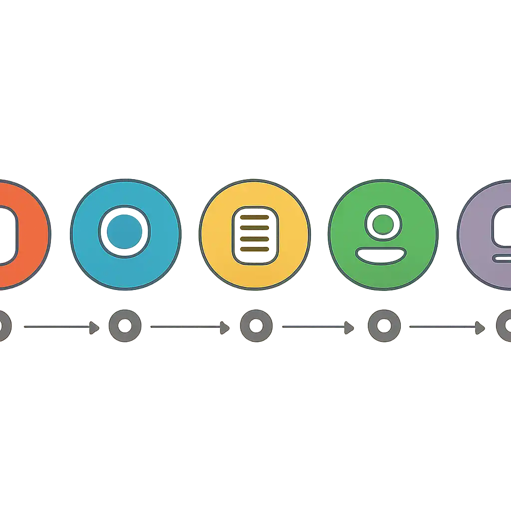 Five numbered circular icons connected by arrows in a horizontal flow, Andar Bahar steps