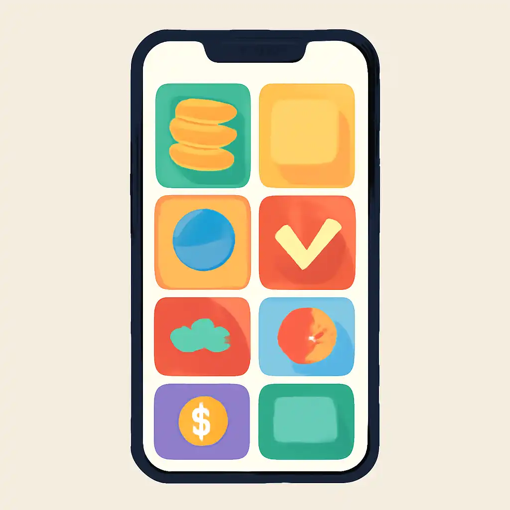 Smartphone shown from the front displaying a colourful flat layout of abstract game icons and rounded tiles, Andar Bahar