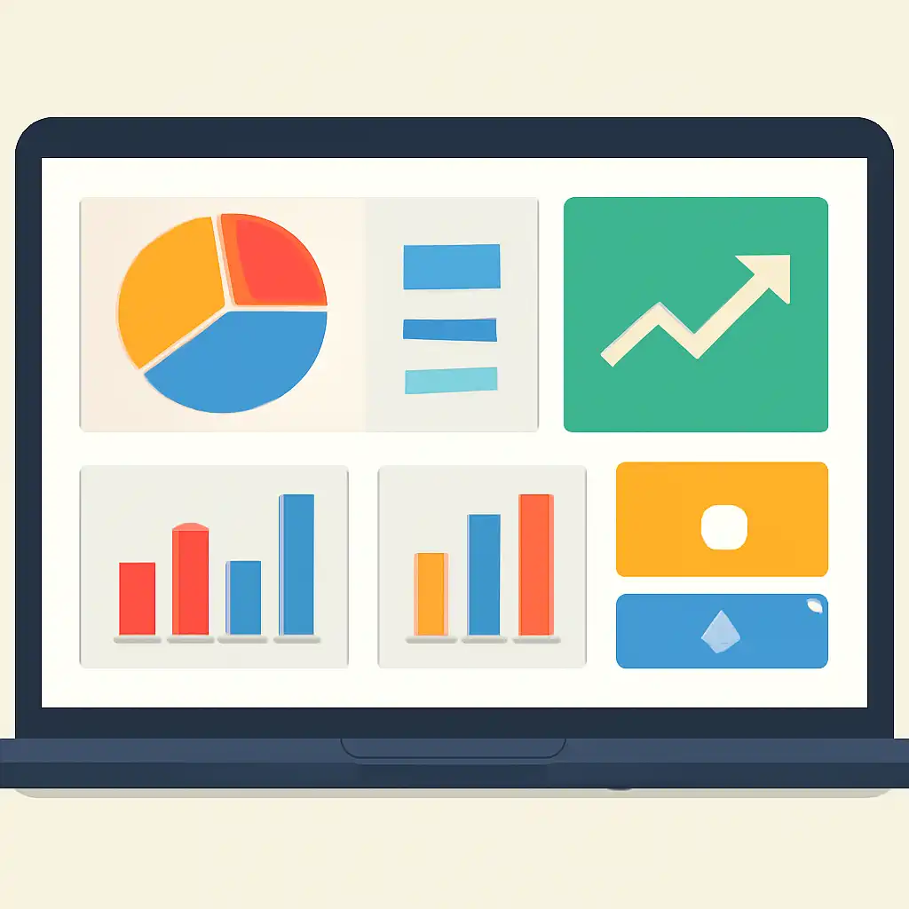 Laptop shown from the front displaying a colourful flat dashboard of abstract charts, bars and icon tiles, Andar Bahar