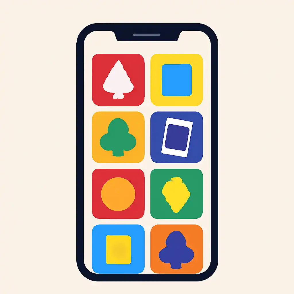 Smartphone shown from the front displaying a colourful flat layout of abstract game icons and rounded tiles, How to Play