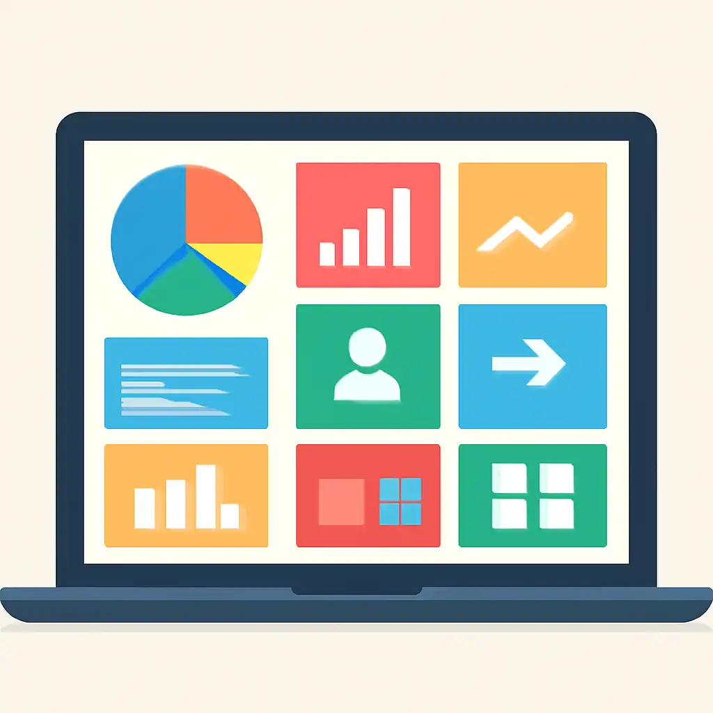 Laptop shown from the front displaying a colourful flat dashboard of abstract charts, bars and icon tiles, How to Play