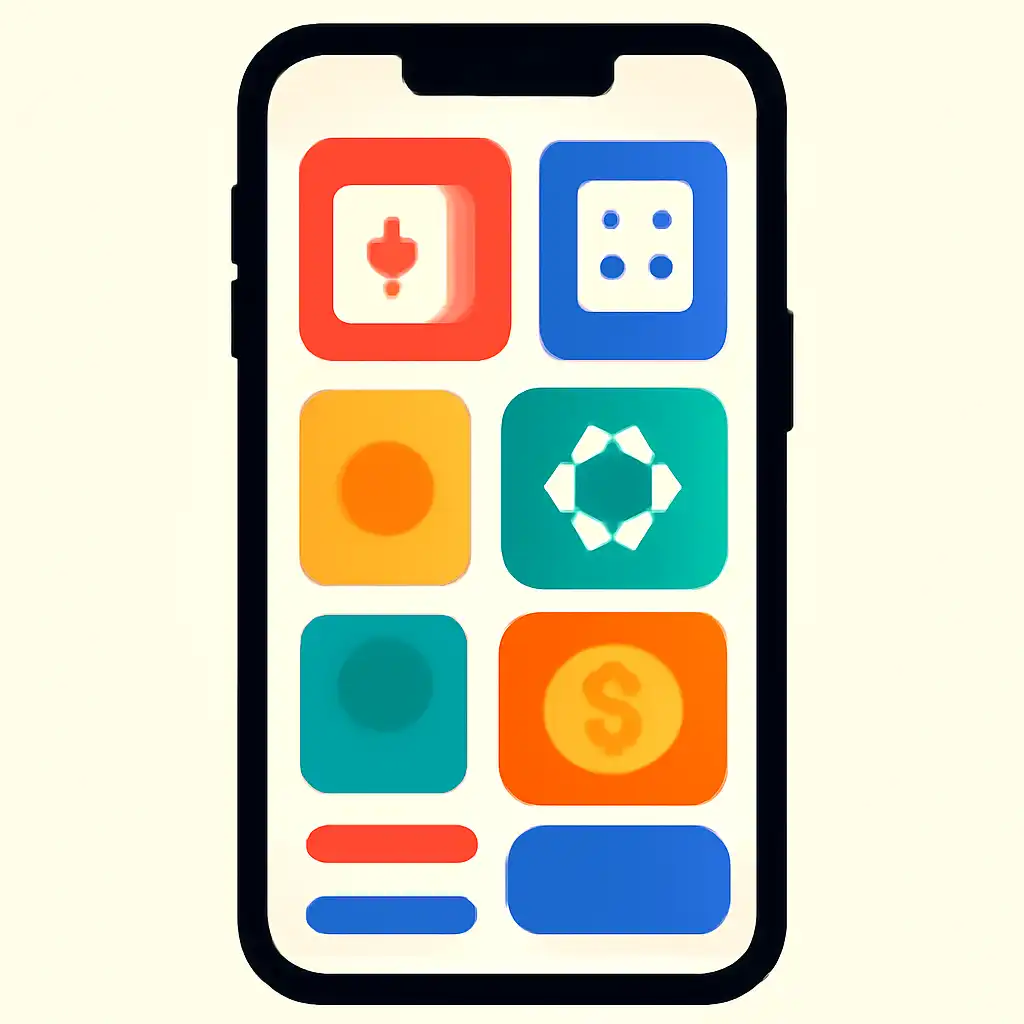 Smartphone shown from the front displaying a colourful flat layout of abstract game icons and rounded tiles, Andar Bahar