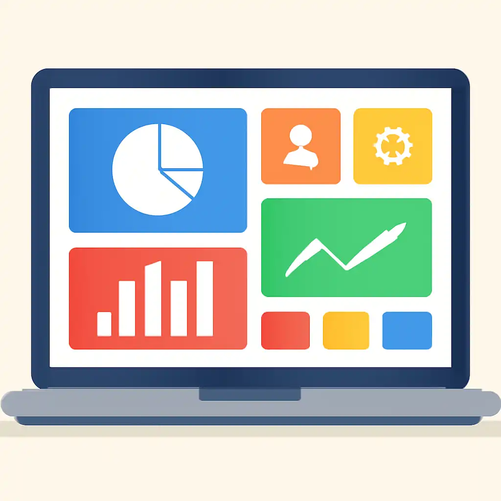 Laptop shown from the front displaying a colourful flat dashboard of abstract charts, bars and icon tiles, Andar Bahar