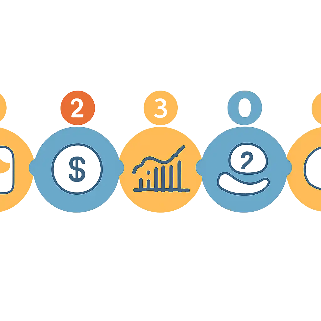 Five numbered circular icons connected by arrows in a horizontal flow, Andar Bahar Odds, Payouts and House Edge steps
