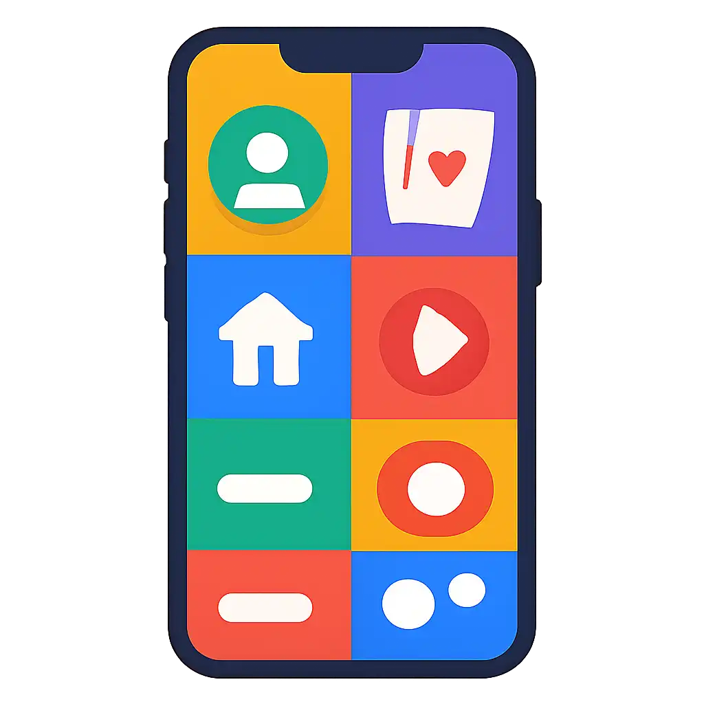 Smartphone shown from the front displaying a colourful flat layout of abstract game icons and rounded tiles, Live Dealer vs