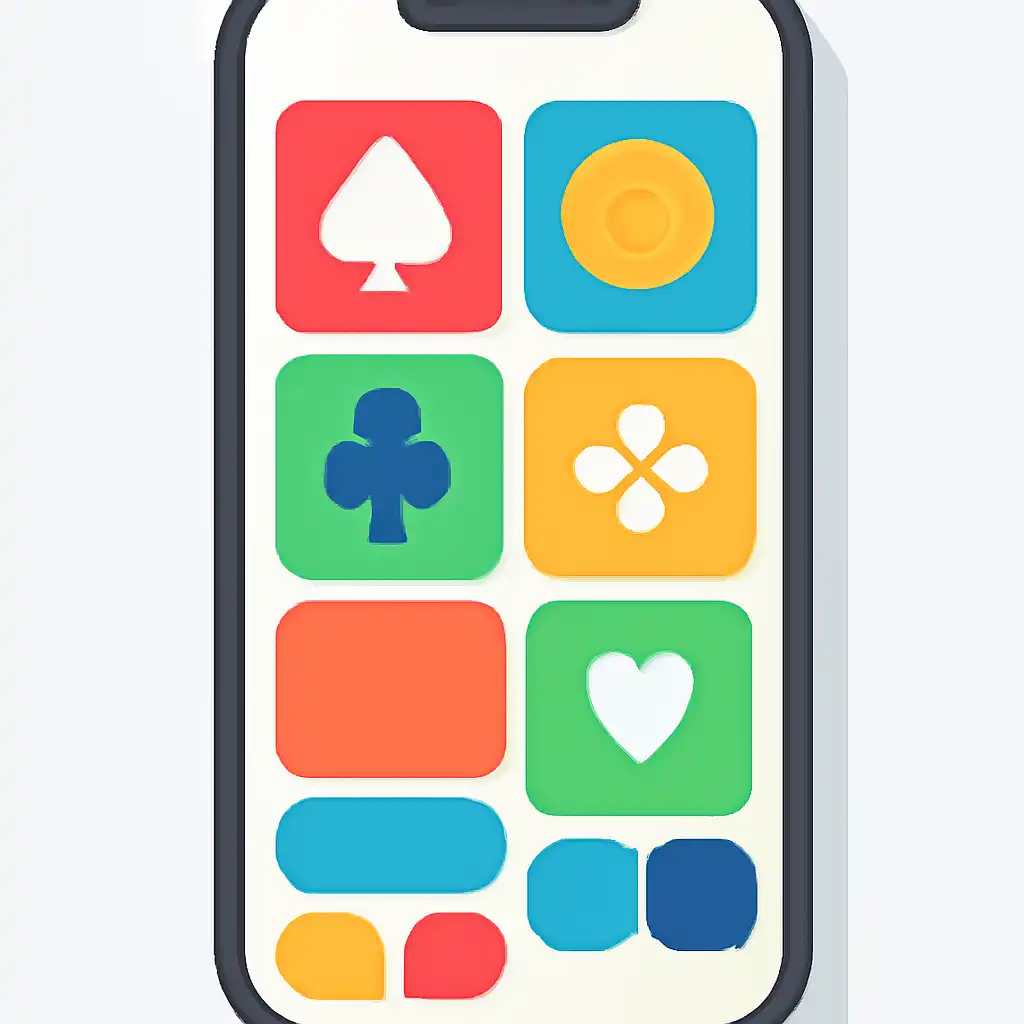 Smartphone shown from the front displaying a colourful flat layout of abstract game icons and rounded tiles, Andar Bahar
