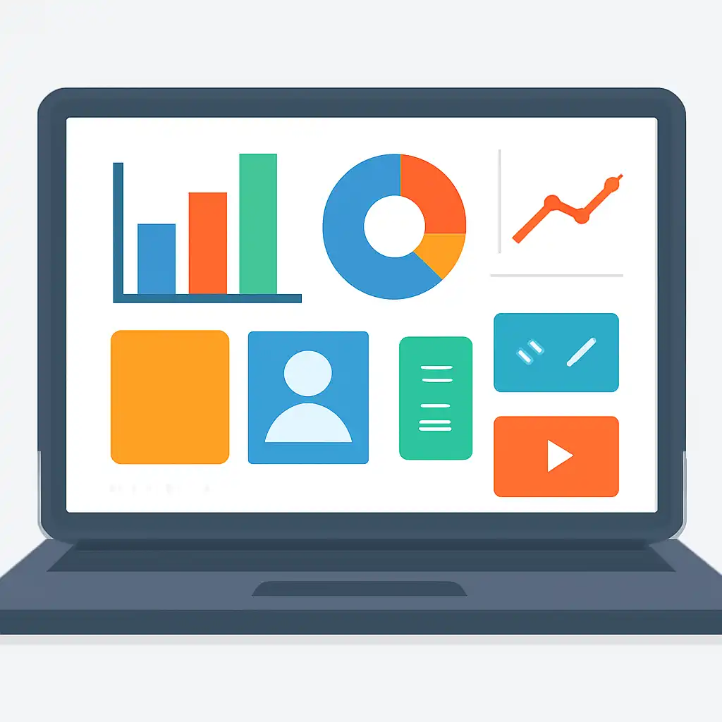 Laptop shown from the front displaying a colourful flat dashboard of abstract charts, bars and icon tiles, Andar Bahar