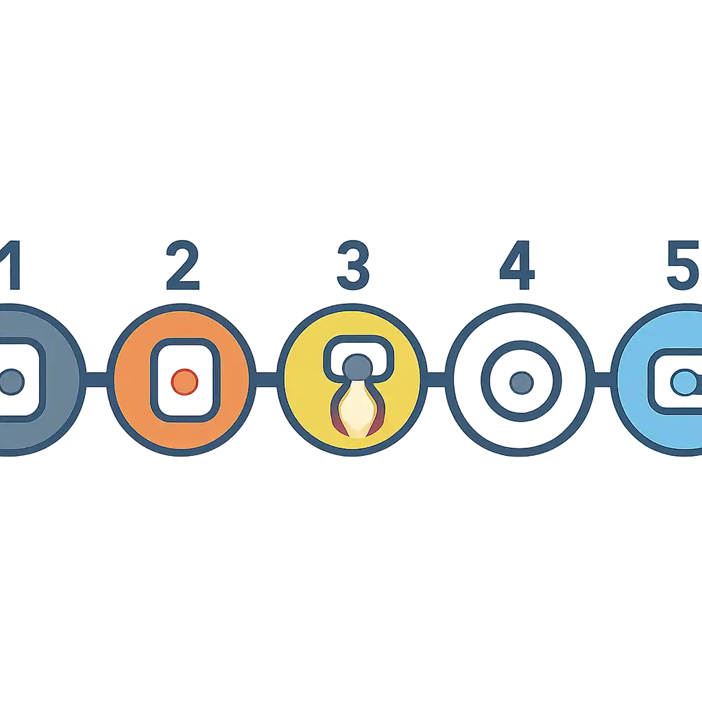 Five numbered circular icons connected by arrows in a horizontal flow, Andar Bahar Rules Explained for Beginners steps